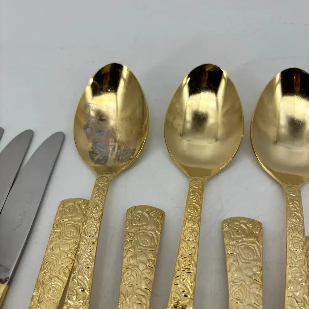 Vtg Hollywood Regency Dinner Spoons Fork Gold Stainless Steel 25 Pieces Japan